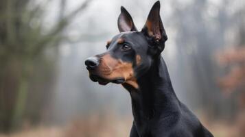 Dobermann Pinscher Hund Porträt präsentieren schwarz bräunen reinrassig Ohren foto