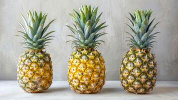 Ananas Trio gegen Licht Hintergrund Anzeigen tropisch, frisch, gesund, reif, und Gelb Farbtöne foto