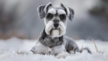 Miniatur Schnauzer Hund Haustier im Schnee, präsentieren ein Winter Tier Porträt mit süß schwarz und Weiß Pelz foto