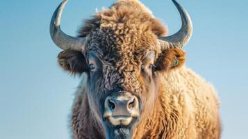 Nahansicht Porträt von ein Bison mit prominent Hörner und detailliert Pelz gegen ein Blau Himmel foto