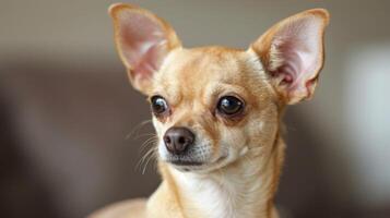 Nahansicht Porträt von ein braun klein Chihuahua Hund zeigen aufmerksam und süß Ausdruck mit ein verschwommen Hintergrund foto