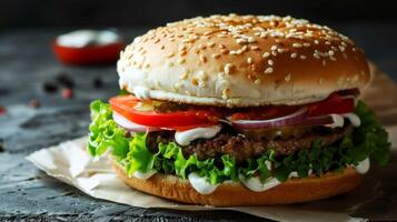 köstlich Burger mit Rindfleisch, Tomate, Kopfsalat, und Käse auf ein Sesam Brötchen zum ein Gourmet Fast Food Mahlzeit foto