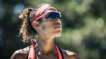 Profil von ein entschlossen Athlet im Wettbewerb im Triathlon mit Fokus und Ausdauer draußen foto