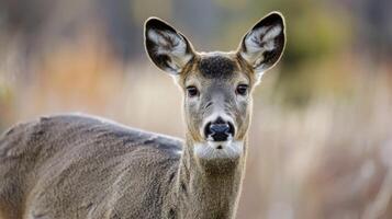 Nahansicht Porträt von ein Hirsch mit aufmerksam Augen und Ohren inmitten Natur foto