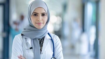 zuversichtlich weiblich Forschung Wissenschaftler im Hijab mit Gesundheitswesen Fachmann Kleidung im ein medizinisch Rahmen foto