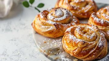 köstlich dänisch Gebäck mit Süss Glasur und zuckerhaltig Abstauben auf Gourmet Dessert Teller foto