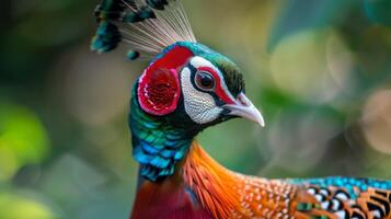 Porträt von ein bunt Pfau mit beschwingt Gefieder und kompliziert Muster im ein natürlich Rahmen foto