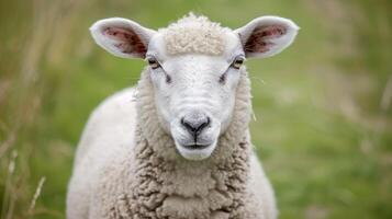 Nahansicht von ein flauschige Weiß Schaf im ein heiter Weide mit ein Sanft Grün Hintergrund foto