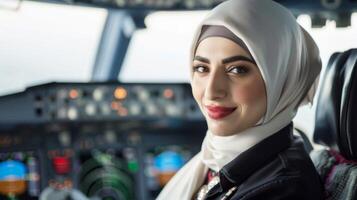 weiblich Pilot im Hijab selbstbewusst lächelt im Cockpit präsentieren Vielfalt und Luftfahrt Professionalität foto