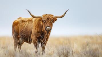 Hochland das Vieh Stier mit robust Hörner und pelzig braun Mantel Stehen im ein heiter Feld foto