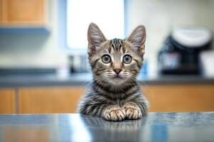 Tabby Kätzchen mit süß Augen und Schnurrhaare Sitzung drinnen beim das Tierarzt auf ein Arbeitsplatte foto