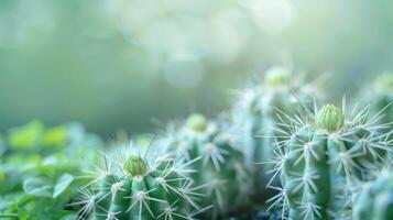 Kaktus Pflanze mit Grün saftig Spikes und Natur Elemente im ein Garten mit Sanft Bokeh Hintergrund foto