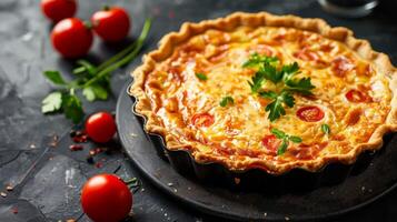 Gourmet Quiche mit Tomate Petersilie Käse gebacken Kruste bietet an ein traditionell und köstlich Mahlzeit zum irgendein Essen Gelegenheit foto