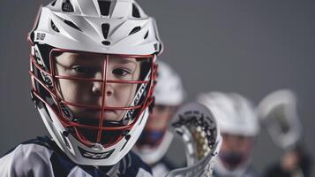 Nahansicht von ein jung Lacrosse Spieler im Helm mit heftig Gesicht und schützend Sport Ausrüstung foto