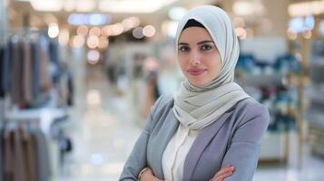 Porträt von ein Fachmann Hijab-tragend Frau Wer ist ein zuversichtlich Verkauf Manager lächelnd im ein Geschäft Umgebung foto