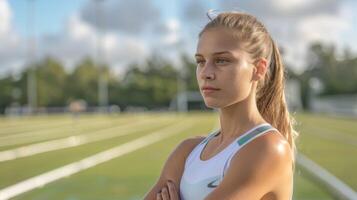 entschlossen Athlet bereit auf das Spur Feld mit Wettbewerb Fokus und Fitness Ambition foto