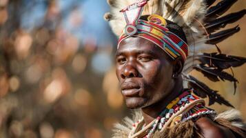 traditionell Zulu Krieger im kulturell Stammes- Kleidung mit Kopfschmuck und Perlen foto