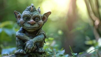 Troll Statue mit ein wunderlich Ausdruck gefangen im ein Grün verzaubert Wald Konfiguration mit Bokeh Hintergrund foto