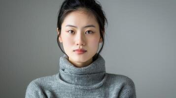 Porträt von ein Chinesisch Frau im ein grau Sweatshirt ausströmend Schönheit und Eleganz foto