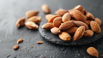 Mandeln im ein Stapel präsentieren ihr gesund organisch Snack Beschwerde mit natürlich Protein und Vegetarier Zutat Leistungen foto