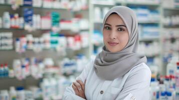 zuversichtlich weiblich Apotheker im Hijab bietet Fachmann Gesundheitswesen Bedienung im modern Apotheke foto