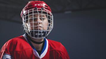 weiblich Eishockey Spieler im Sport Aktion tragen Helm und Jersey mit Entschlossenheit und Fokus foto