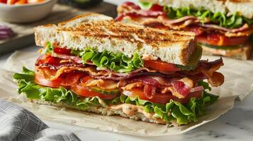 köstlich blt Sandwich mit Speck, Kopfsalat, Tomate, und getoastet Brot auf ein Marmor Tischplatte foto