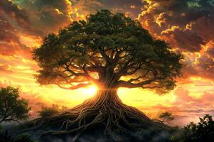 majestätisch Yggdrasil Baum von Leben verwurzelt im nordisch Mythologie und Fantasie mit uralt mystisch Wurzeln foto