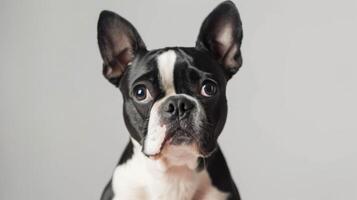 Nahansicht Porträt von ein Boston Terrier Hund mit ausdrucksvoll Augen und frech Ohren im ein Studio Rahmen foto