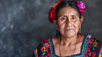 traditionell Mexikaner Frau im gestickt Kleid mit Blumen- Kopfbedeckung und kulturell Haltung foto