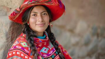 Porträt von ein jung peruanisch Frau im traditionell andean Kostüm mit beschwingt Stickerei und ein heiter Lächeln foto