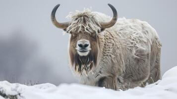 Yak im Schnee schildert Tierwelt Gelassenheit mit bovid Pelz inmitten das kalt Hörner von Winter foto