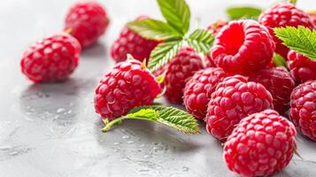 Nahansicht von frisch saftig rot Himbeeren mit organisch Grün Blätter und Wasser Tröpfchen foto