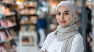 zuversichtlich weiblich Verkauf Manager mit Hijab im ein Fachmann Geschäft Rahmen foto