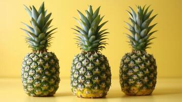 drei frisch Ananas auf ein beschwingt Gelb Hintergrund Angebot ein tropisch und Süss visuell Anzeige foto