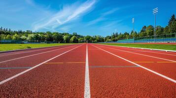 draussen Leichtathletik Spur und Feld mit Laufen Fahrspuren im ein Sport Stadion foto