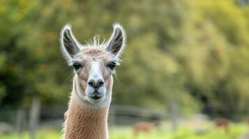 Porträt von ein Lama im Natur Nahansicht mit Sanft Pelz und neugierig Augen auf ein heiter Tag foto