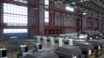 modern automatisiert Logistik Depot mit Maschinen mit Steuerung Paneele und Bildschirme benutzt zum echt Zeit Anpassungen. Reihen von computerisiert Ausrüstung Einheiten im Fabrik, 3d machen foto