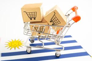Box mit Einkaufen online Wagen Logo und Uruguay Flagge, importieren Export Einkaufen online oder Handel Finanzen Lieferung Bedienung Geschäft Produkt Versand, handeln, Anbieter. foto