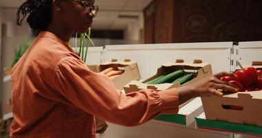 afrikanisch amerikanisch Käufer wählen organisch produzieren von Kisten, Putten Früchte und Gemüse im ein Papier Tasche zu kaufen. Frau Einkaufen zum natürlich Öko freundlich Produkte beim lokal Bauern Markt. Kamera 2. foto