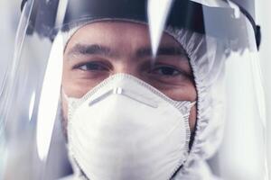 Medizin mit Visier und ppe Schutz Ausrüstung suchen beim Kamera im Labor. überarbeitet Forscher gekleidet im schützend passen gegen Infektion mit Coronavirus während global Epidemie. foto