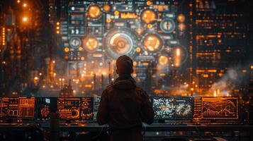 Mann sieht aus beim ein hoch Technik Portal mit Daten Information. futuristisch und sci fi Konzept foto