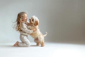 glücklich verlassen Porträt von blond Hund Inhaber Mädchen und ihr bezaubernd Bichon frise Haustier auf Weiß Hintergrund. glücklich freunde Hund und wenig Mädchen, Kind foto