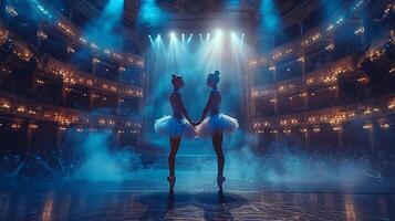 zwei Ballett Tänzer während Choreographie Probe auf klassisch Theater Bühne beleuchtet durch Scheinwerfer. Frauen bereiten theatralisch tanzen Leistung. Kunst von klassisch Ballett tanzen foto