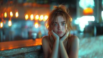 jung Frau Nachdenken im ein Bar, reflektierend Stimmung inmitten Neon- Beleuchtung foto