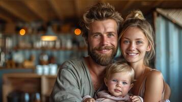 jung Familie genießen Zeit zusammen im gemütlich Zuhause Innere, glücklich Momente gefangen foto