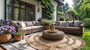 elegant draussen Garten Terrasse mit luxuriös skandinavisch Korbweide Sofa und üppig Grün foto