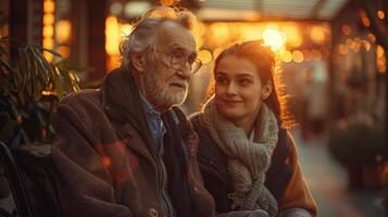 jung weiblich Pflegekraft und Alten Mann genießen ein heiter Sonnenuntergang draußen foto
