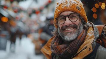 Senior Mann genießen ein schneebedeckt Winter Tag im ein festlich Stadt, lächelnd mit warm Kleider foto