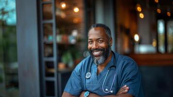Porträt von ein lächelnd afrikanisch amerikanisch männlich Krankenschwester im Blau Peelings mit Stethoskop im städtisch Cafe foto